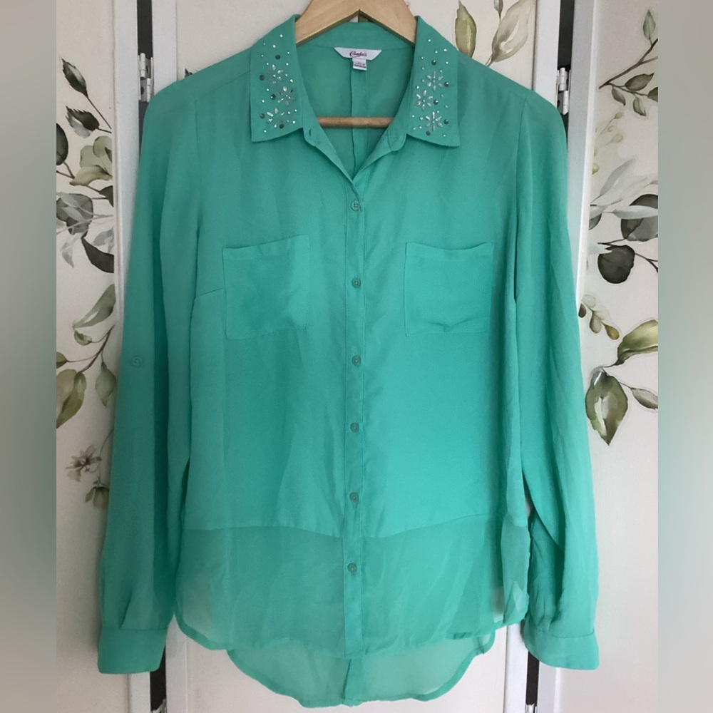 Candie’s blouse L sheer turquoise green EUC bejeweled collar long sleeve - Picture 4 of 7